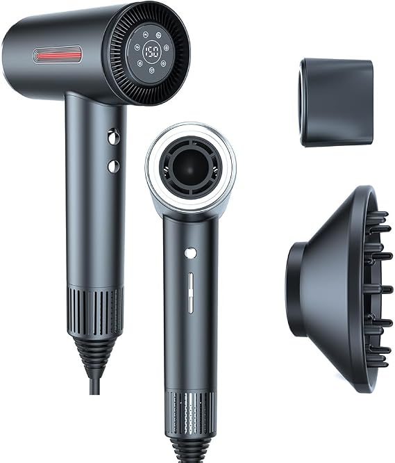 Hair Dryer with Diffuser, Fast Drying Blow Dryer,110,000 RPM Brushless Motor, High Speed, Ionic,No Heat Damage, for Travel, Home (Gray)