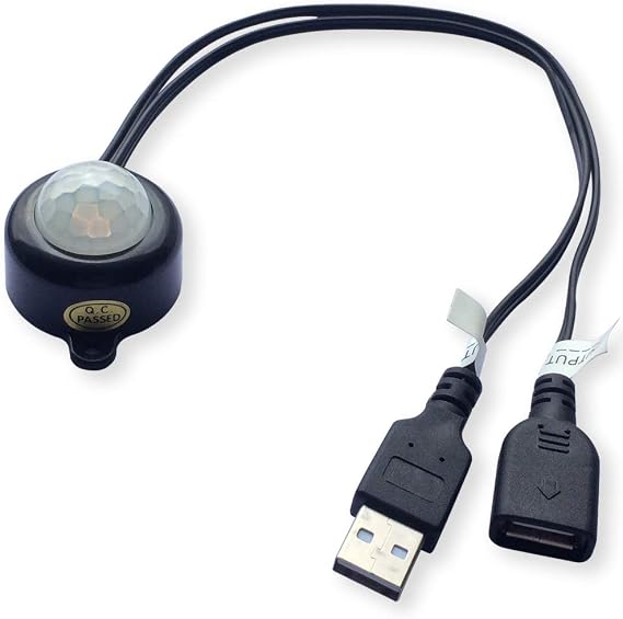 DC 5V 2A PIR Motion Activated Mini Body Sensor Switch with USB Interface Cable for LED Strip Light (with Light Sensor, Black)