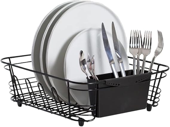 Better Houseware in-Sink Dish Drying Rack, Coated Steel, Black, 14.5 x 13 x 5 Inch, 2-Piece Set with Removable Utensil Caddy and Non-Slip Handles
