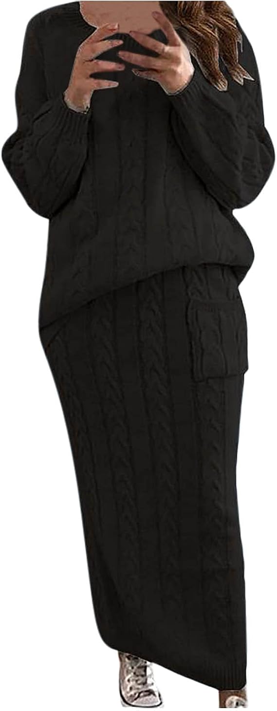 Womens Cable Knit Sweater Long Skirt 2 Piece Outfit Warm Sets | Womens Cable Knit Sweater Sets, Long Skirt 2 Piece Outfits, Chunky Winter Clothes, Warm Casual Two Piece Sweater Suit