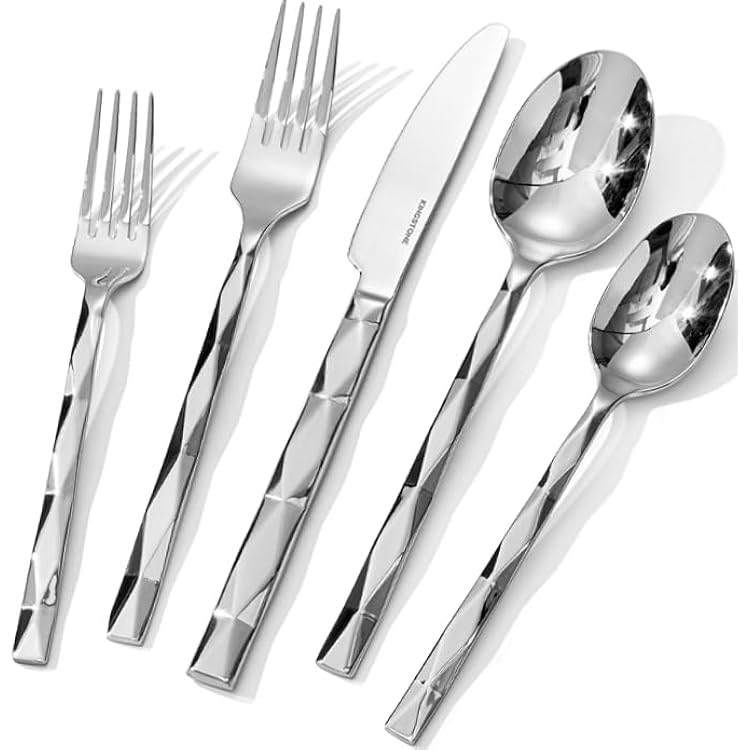KINGSTONE Silverware Set, Luxury 20 Piece Flatware Set for 4, 1810 Stainless Steel Cutlery Set with Diamond Cut Pattern for Kitchen, Home, Wedding, Party, Mirror Polished and Dishwasher Safe