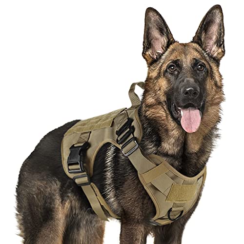 rabbitgoo Tactical Dog Harness for Large, Heavy Duty Pet Harness with Handle, No-Pull Service Vest Large Breed, Adjustable Military Dog Vest for Training Hunting Walking, Brown, L