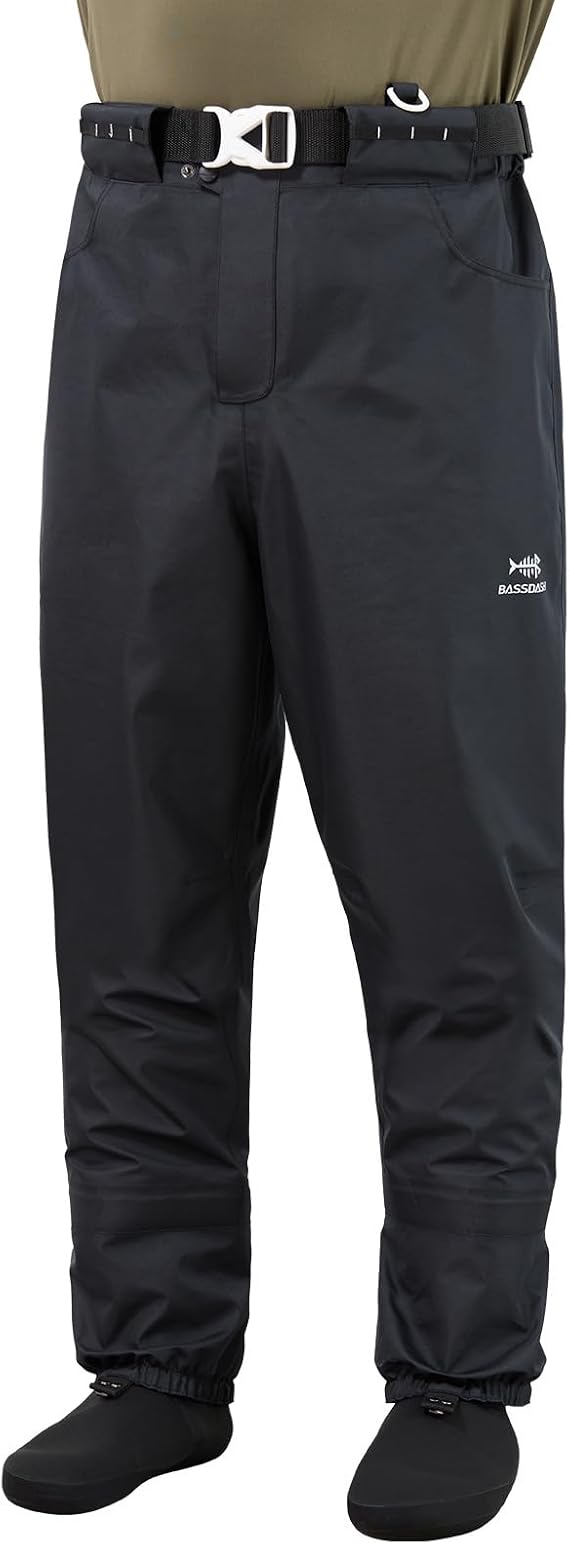 BASSDASH Mens Breathable Wading Pants Waist Waders with Pockets Waterproof Fly Fishing Stocking Foot Lightweight FW09
