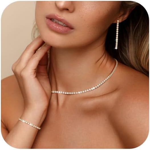 Jewelry Sets for Women Sparkly Rhinestone Choker Necklace Link Bracelet Dangle Earrings for Bride Bridesmaid Cubic Zirconia Necklace Set Wedding Prom Dresses Costume Crystal Jewelry Accessories