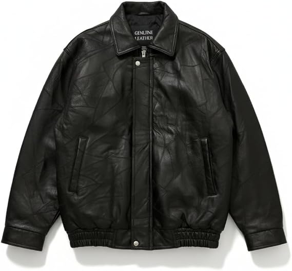 Mens Genuine Leather Motorcycle Jacket Black Bomber Style Zip-Up Baseball Collar Biker Leather Coat
