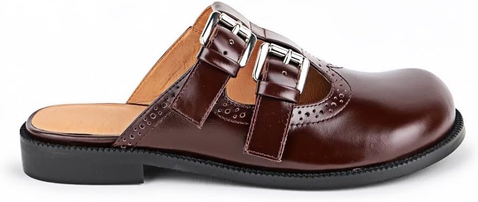 Mules for Women Closed Round Toe Shoes Double T Strap Mules Cut Out Slip On Shoes Low Block Heel Comfortable Daily Clogs