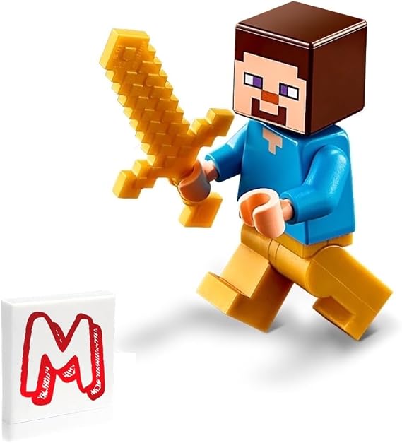 LEGO Minecraft Minifigure - Steve with Gold Legs, Gold Sword and Side Display