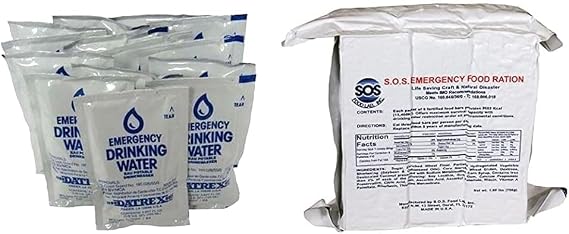 Datrex Emergency Water Packet 4.227 oz - 3 Day/72 Hour Supply (18 Packs), White & S.O.S. Rations Emergency 3600 Calorie Food Bar (Cinnamon + Coconut, 2 Pack)