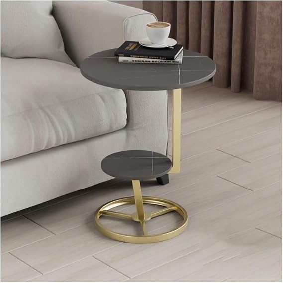 Round End Tables Sofa Side Table 2 Tier White Marble Texture Small Coffee Table Nightstand Bedside Table with Metal Frame Modern Accent Table for Small Spaces (Color : Gold, Size : Black)