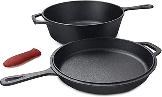 Cuisiland Cast Iron Combo Cooker 3 PCS Set, 3.2QT Wok and 10 Frying Pan with a Silicone Handle