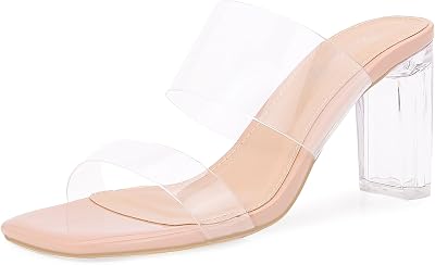 Clear Heels for Women Transparent Two Strap Block Chunky Square Heel Sandals Open Toe Slip On Mules for Women