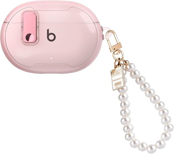 Compatible for Beats Studio Buds/Studio Buds + Case with Luxury Pearl Keychain, Security Lock Clip Design TPU Shockproof Protective Cover Case for Beat Studio Buds Plus-Clear Pink