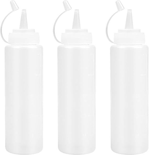 500ML Bottles with Caps, 3 Pack Squeezy Sauce Bottles, Plastic Squeeze Dispensers with Measurements for Ketchup, BBQ, Sauces, Syrup, Dressings