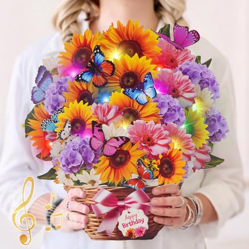Birthday Cards with MUSIC & LIGHTS, Pop Up Happy Birthday Card, Sunflower & Butterfly, 10 Inch Life Sized Forever Flower Bouquet Gifts for Women Mom Grandma