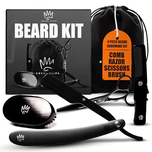 Royal Clips Beard Kit | 4 Piece Beard Grooming Kit | Beard Brush, Comb, Scissors and Straight Razor - Ideal Gift for Men, Husband, Boyfriends, Family & Friends