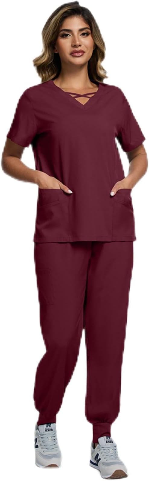 Scrubs for Women Set-V-Neck Top&Jogger Pants Medical Uniform with Pockets