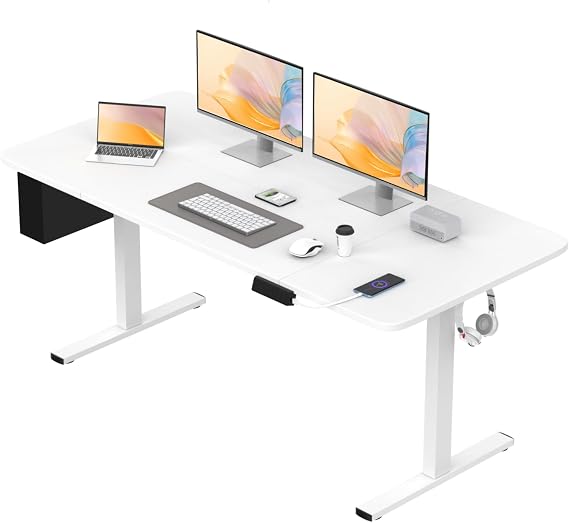 Adjustable Height Electric Desk 160x80cm Sit Stand Desk with Memory Control Port Modern Design Eco-Friendly Panel Includes Hook and Storage Bag White