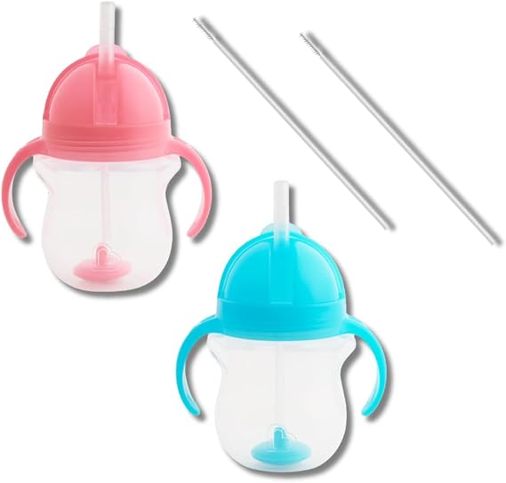 Munchkin Weighted Straw Sippy Cups for Toddlers 7oz, Leak Proof, Easy to Hold-Great toddler cups with straws, Supports Straw-use Education, Straw Cups (Pink/Blue)