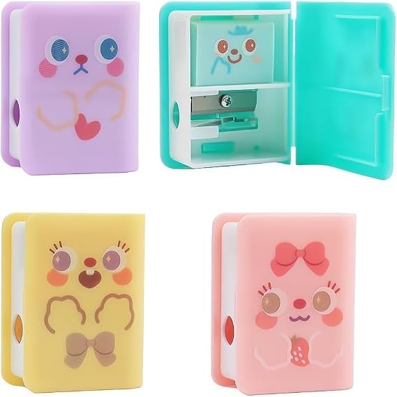 4 Pcs Dual Purpose Book Pencil Sharpener Eraser, Cute Cartoon Student Eraser Pencil Sharpener Office Supplies Writing and Correction Supplies