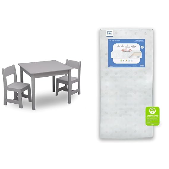 Delta Children MySize Kids Wood Table and 2 Chairs Set with Twinkle Galaxy Dual Sided Crib and Toddler Mattress, 3 Piece Set
