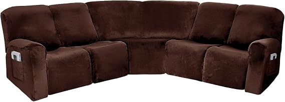 Corner Sofa Cover, Velvet Stretch Sectional Cover, Recliner Corner Sofa Protector, Corner Sofa Slipcovers Reversible Couch Cover for Recliner, Sectional Sofa Set for Livingroom(5 Seats,Coffee)