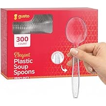 GUSTO Heavy Duty Clear Plastic Soup Spoons [300 Count] Disposable BPA Free Utensils with Engraved Design for Parties, Catering & Everyday Use (Formerly Comfy Package)