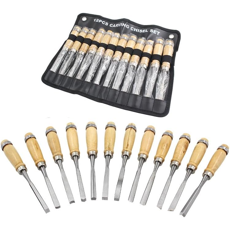 Wood Carving Tools, 12 Pcs Gouges Woodworking Chisels, Full Size Knives for Beginners, Hobbyists, Professionals, Gift