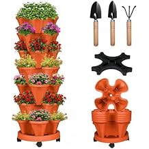 Vertical Strawberry Planter 7 Tier Stackable Tower Herb Planters Stacking Outdoor Garden Red Planters Pot with Tools Mover for Growing Flowers, Vegetables and Succulents
