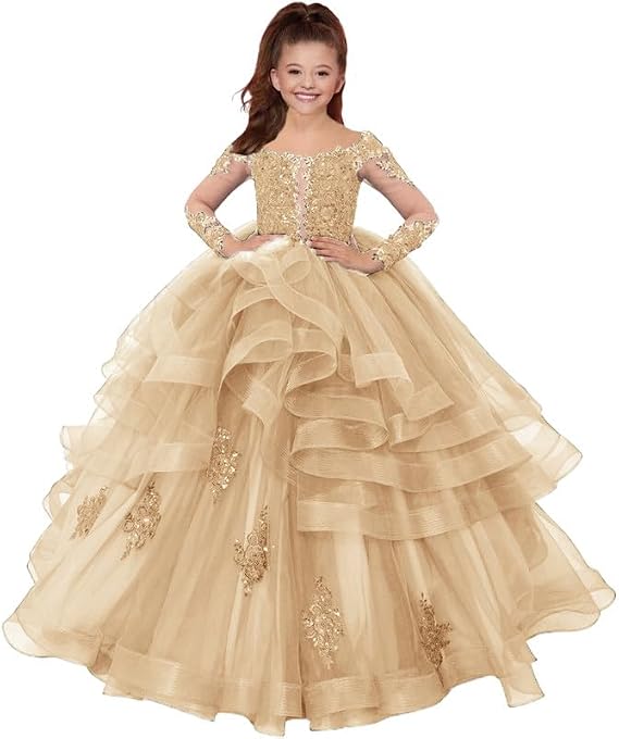 Princess Long Sleeve Flower Girl Dresses Appliques Ruffles Tulle Pageant Dresses for Girls Kids Party Ball Gowns