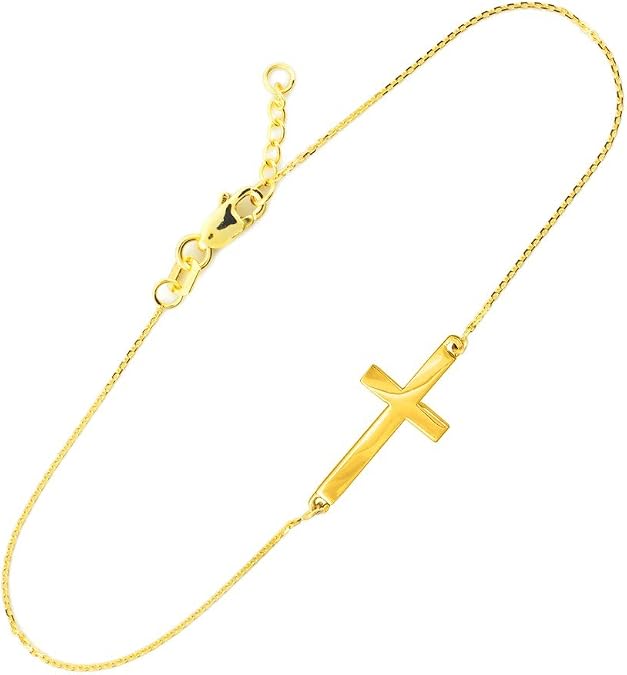 14K Yellow Gold Sideways Cross Crucifix Christian Rolo Chain Bracelet with Lobster Claw Clasp - Adjustable 7-1/2" with 1/2" Extender