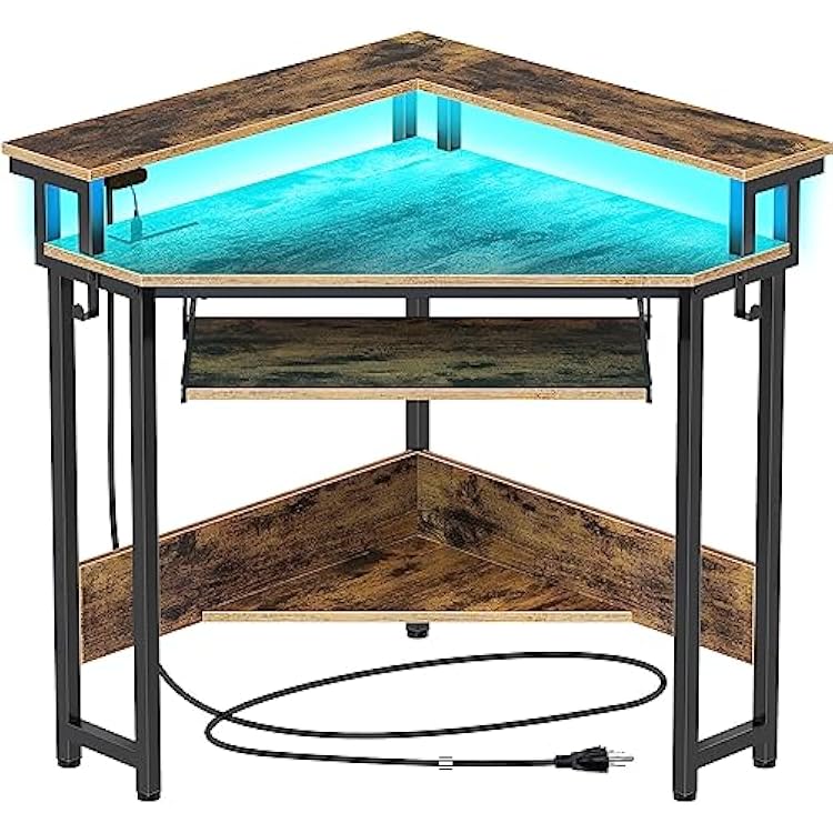 Rolanstar Corner Desk, 44.5 W x 34.5 H Small Computer Desk with Power Outlets, Gaming Desk with LED Lights, Triangle Corner Desk with Keyboard Tray & Monitor Stand for Small Space, Rustic Brown