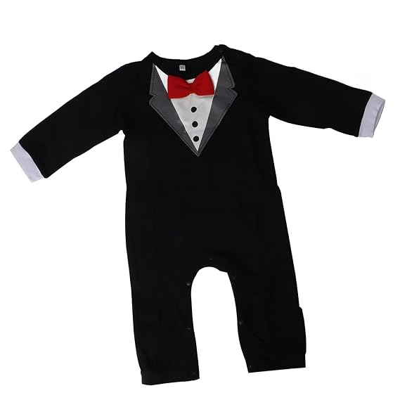 80cm Baby Boy Romper Tuxedo Jumpsuit with Bow Tie Gentleman One Piece Button Down Bowtie Wedding Suit Bodysuit (Red Bowtie) Disfraz Halloween Baby boy Suit Rompers