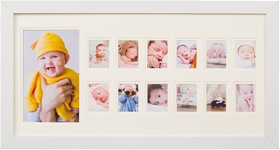 WOOD SIDE ORBIS My First Year Photo Moments Baby Keepsake Frame with Double Mat, Stand and Hangers, Gift for Mother or Parents - White