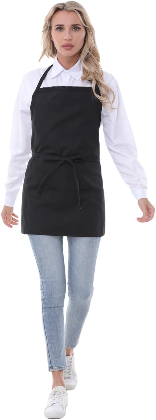 Chef Aprons for Women with 3 Pockets, Kitchen Work Apron for Cooking, Cotton Short BBQ Apron with Ultra-Long Belt