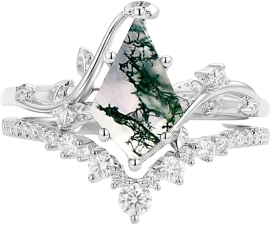 Natural Moss Agate Ring Set for Women with Moissanite 1CT Center Kite Cut Natural Moss Agate Wedding Ring Set Leaf Engagement Ring Set 925 Sterling Silver 10K 14K 18K Gold