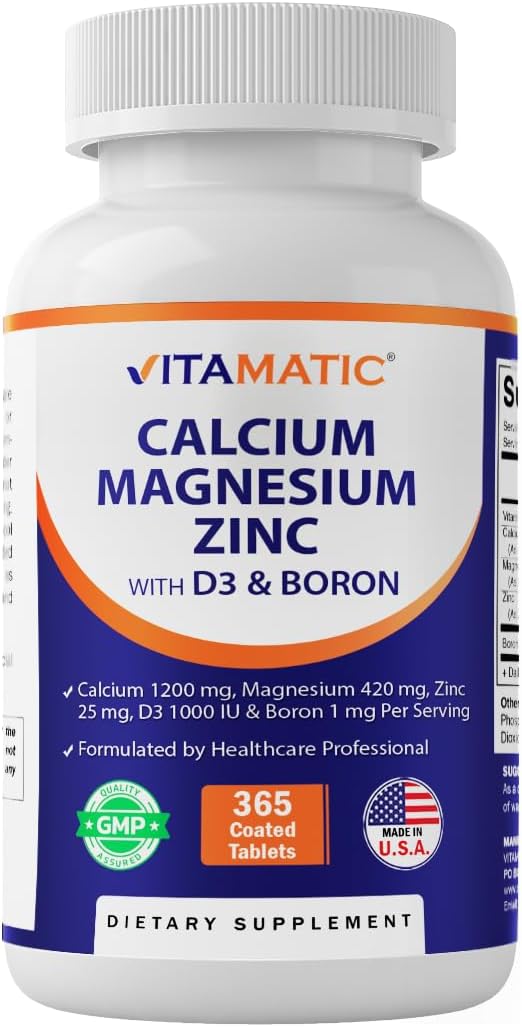 Vitamatic Calcium Magnesium Zinc D3 Boron | 365 Coated Tablets Supplement | Calcium 1200 mg, Magnesium 420mg, Zinc 25mg, Vitamin D3 1000 IU, Boron 1 mg | Non-GMO | Gluten Free | Made in USA