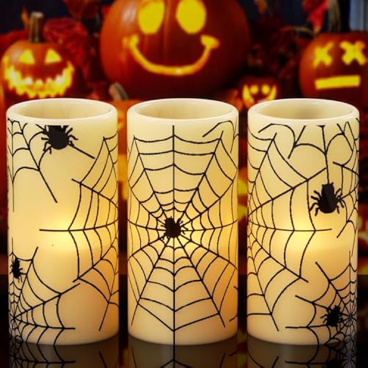 GenSwin Halloween LED Flickering Flameless Candles Battery Operated with Spider Decals, 3 Pcs Pillar Candlestick Real Wax with 6H Timer for Decoration