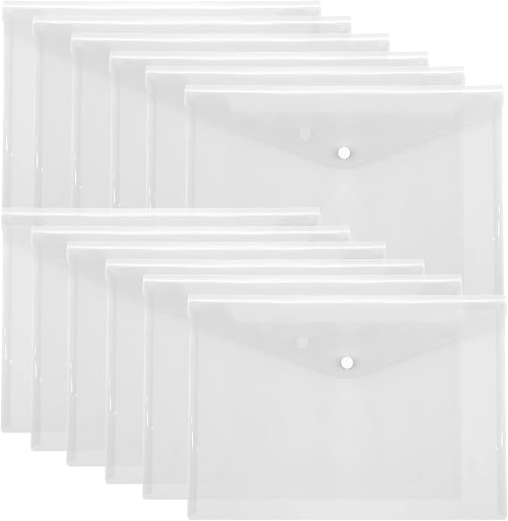 Toplive File Folders,12 Packs Plastic Envelopes Clear A5 Letter Size Waterproof Poly Envelopes Folders with Snap Closure for Office School Supplie