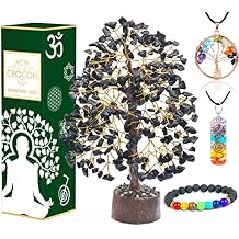 Crocon Black Tourmaline Crystal Tree of Life with Bracelet & 2 Pendants Feng Shui Gem Tree Decor Healing Crystals Spiritual Black Gifts for Home & Room Decor Gifts for Women, Girlfriend, Her & Sister