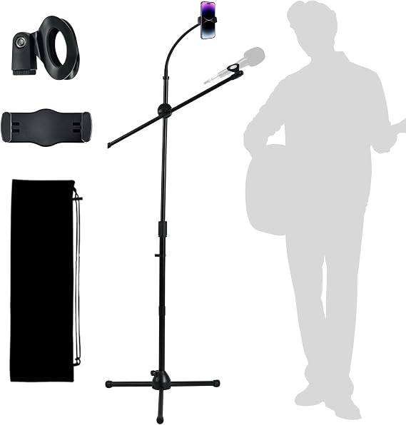 Microphone Floor Stand, Mic Stand Floor with Phone Holder Height Adjustable, Heavy-duty Tripod Stable Stand with Boom Arm Dual Device Mount for Streaming, Podcasting, Recording, and Live Performances