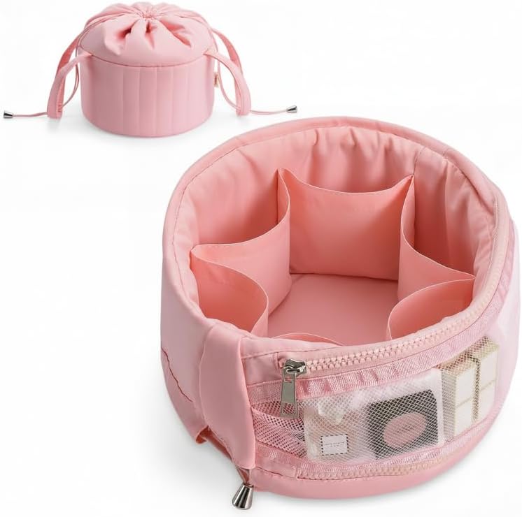 Vavabox Large Makeup Bag, Travel Portable Drawstring Organizer Make up Case, Luxury Quilted Cosmetic Bag for Women Travel Essentials (Pink)