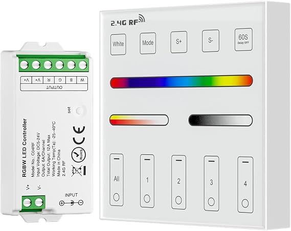 BTF-LIGHTING C04RF Tuya LED Controller FCOB SMD PWM RGBW (+ R G B W) 5PIN LED Strip, WR01RF RF 4 Zone Group Control RGBW Wall Mounted Smart Panel Remote