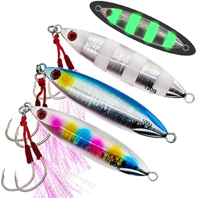 Glow Fishing Jigs Saltwater Luminous Fishing Lure Hard Bait Sea Fishing Slow Flat Fall Jigging Pitching Artificial Lure with Assist Hooks for Tuna Bass