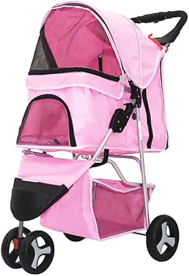 3 Wheels Pet Stroller, Dog Cat Stroller Cage Jogging Stroller Travel Folding Carrier Pink
