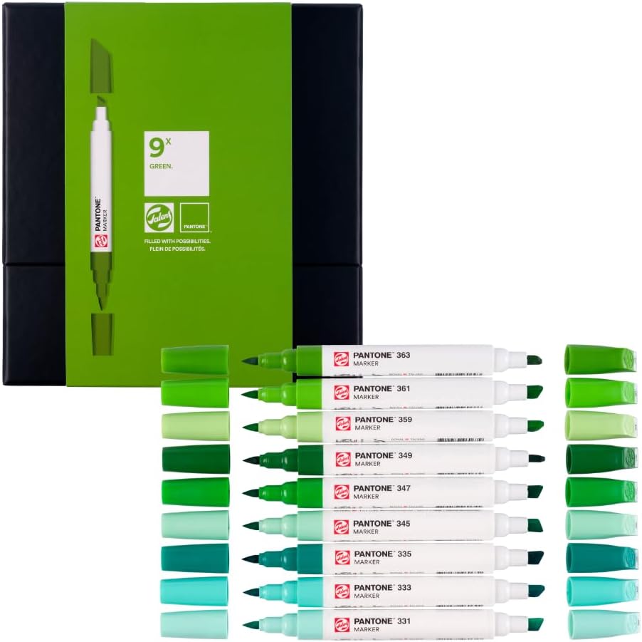 Talens | Pantone Marker Set of 9 Green | Dual-Tip Pens with Brush and Chisel Nib | Water-Based, Pigmented Ink in Pantone Colors