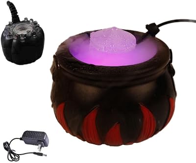 Halloween Witches Pumpkin Cauldron Mist Maker with 12 LEDs Lights Color Changing Fogger Mist Maker Halloween Home Outdoor Porch Party Decorations Red Fire Bucket