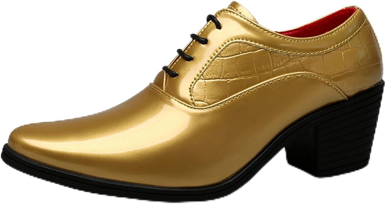 Men's Patent Leather Chunky Heel Oxford Shoes Pointed Toe Lace-up Fashion High Heels Business Work Wedding Prom Dress Derby Shoes