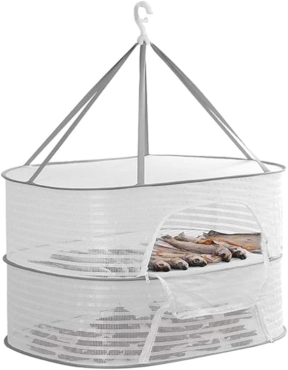 Primst Foldable Drying Fishing Net, Hanging Drying Net Rack Clothes Dry Basket with Zipper, Indoor and Outdoor Plants Dryer for Shrimp Fish Fruit Vegetables Herb (2-Layer)
