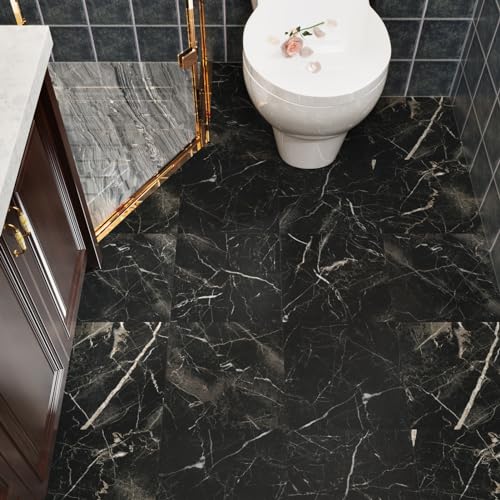 12x12 Inch Black Marble Peel & Stick Waterproof, Self-Adhesive, Removable Tiles 16 Pack - For Floor, Bathroom, Kitchen, Basement, Toilet