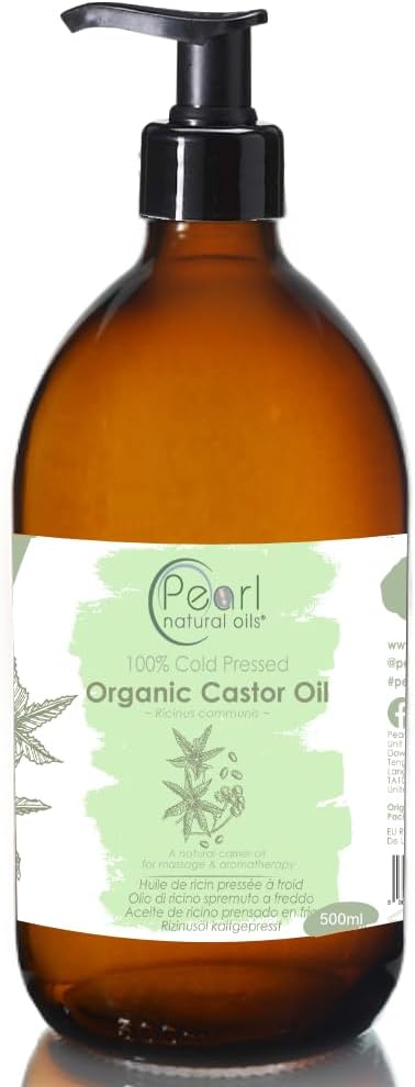 Cold Pressed Organic Pure Castor Oil 500 ml, Glass Bottle with a Pump, Vegan, BP Grade, Hexane Free, Non-GMO